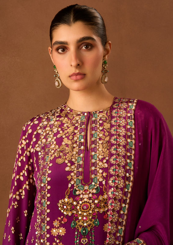 Twamev Women Purple Crepe Stitched Suit with Embroidery