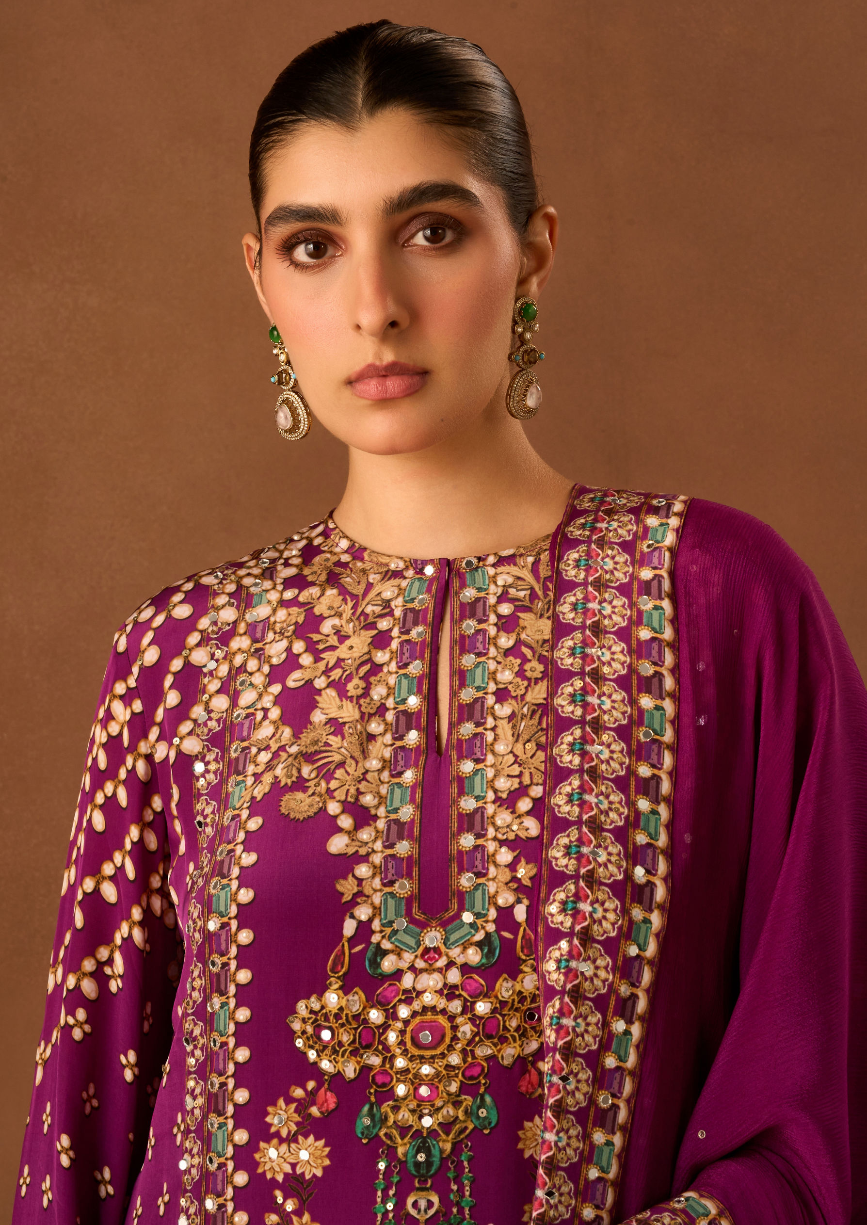 Twamev Women Purple Crepe Stitched Suit with Embroidery