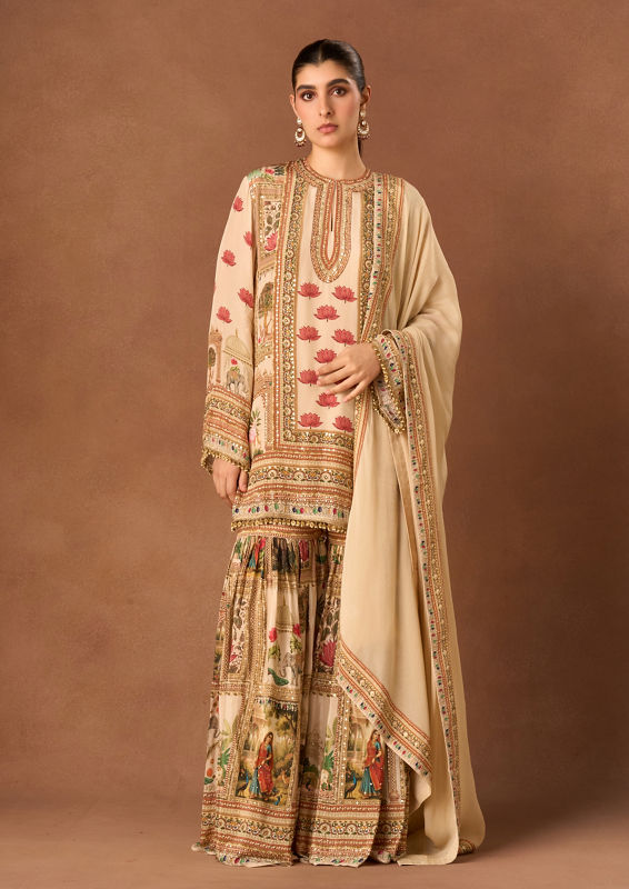 Twamev Women Cream Crepe Stitched Suit with Embroidery