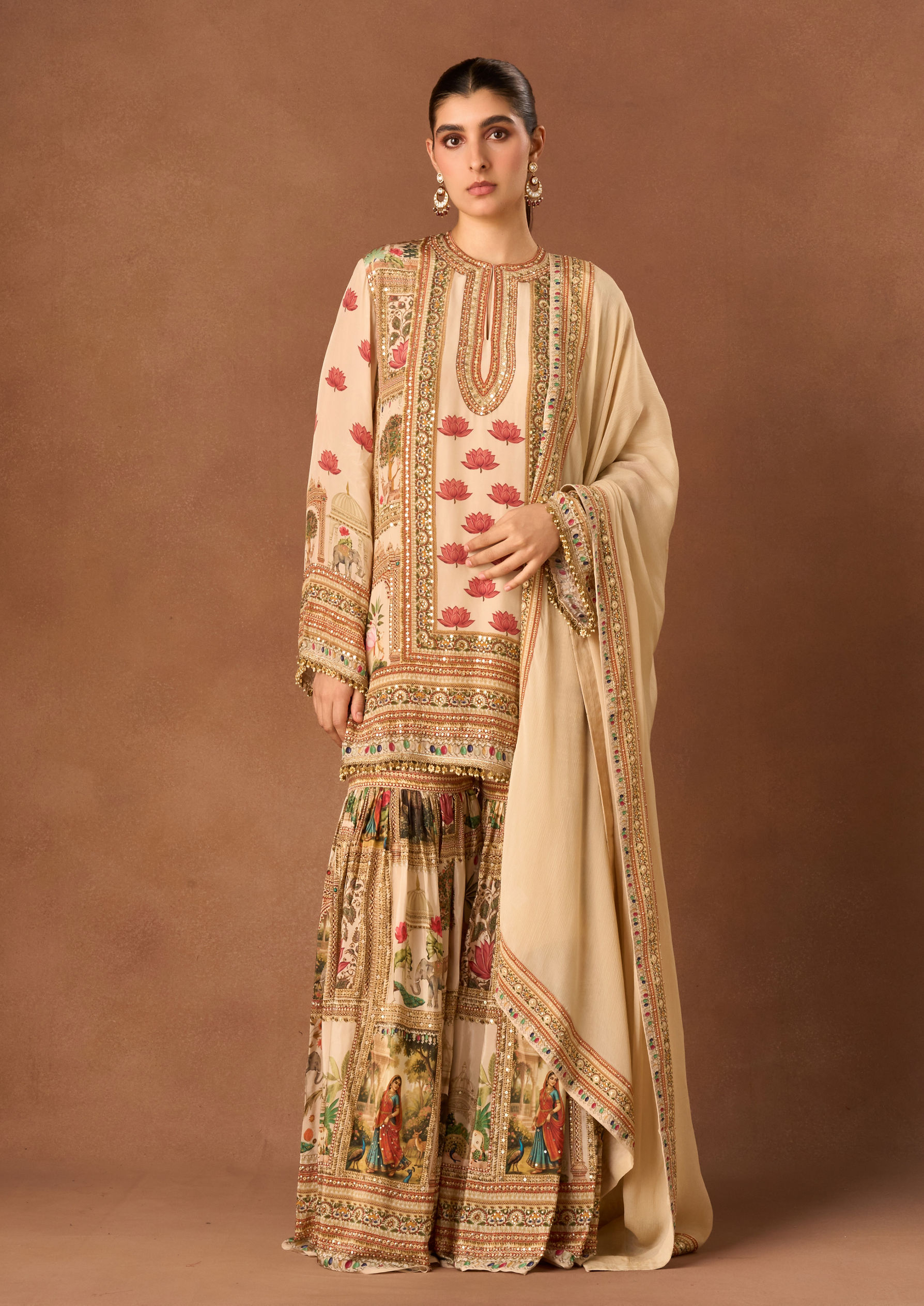 Twamev Women Cream Crepe Stitched Suit with Embroidery