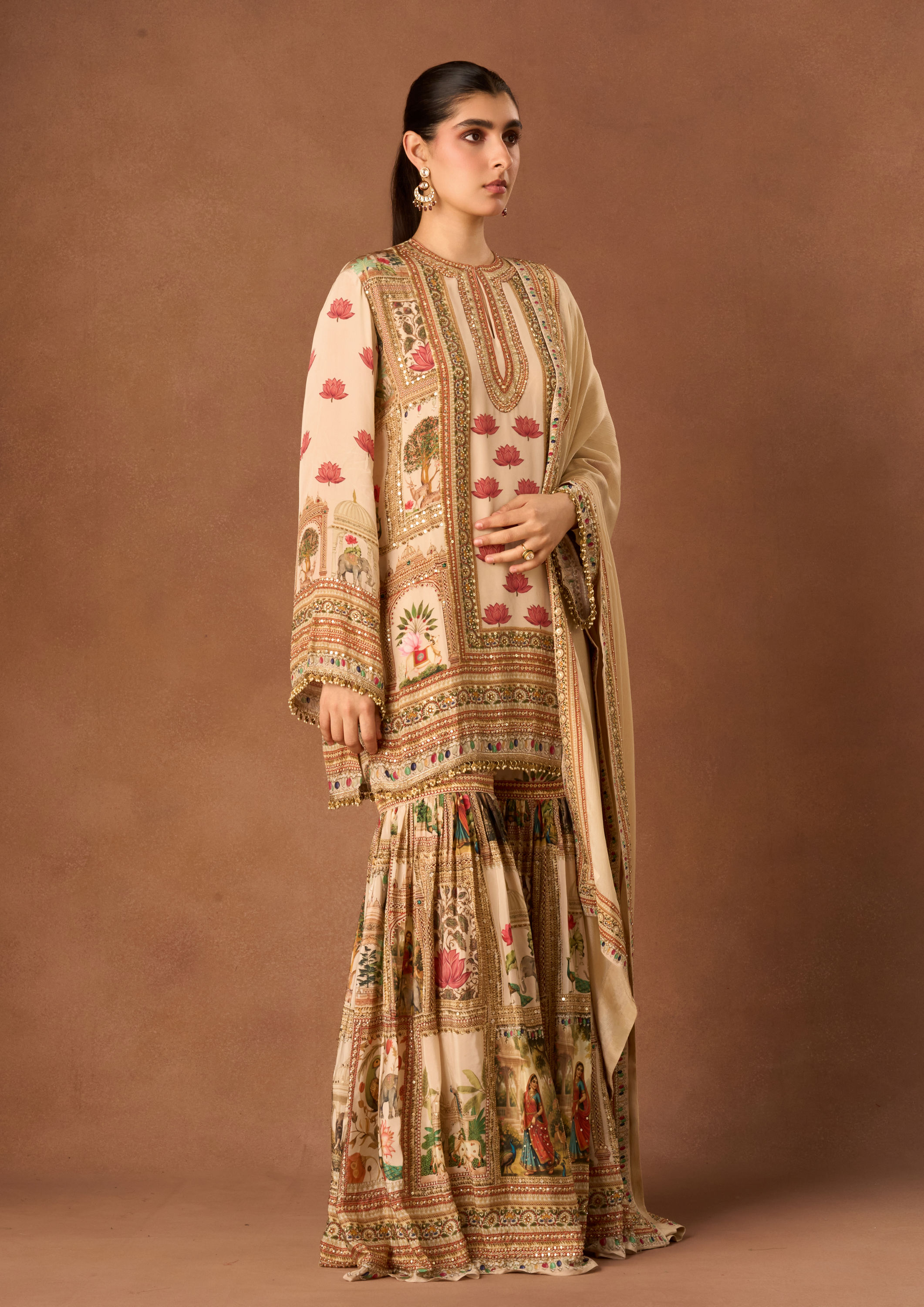 Twamev Women Cream Crepe Stitched Suit with Embroidery