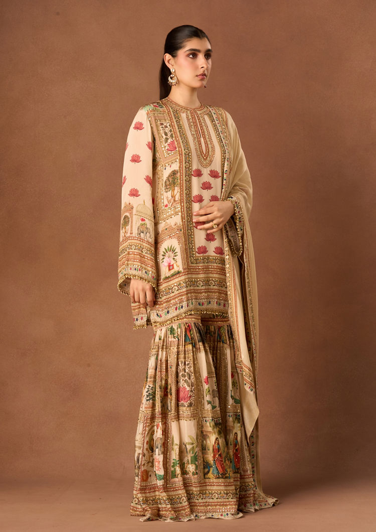 Twamev Women Cream Crepe Stitched Suit with Embroidery