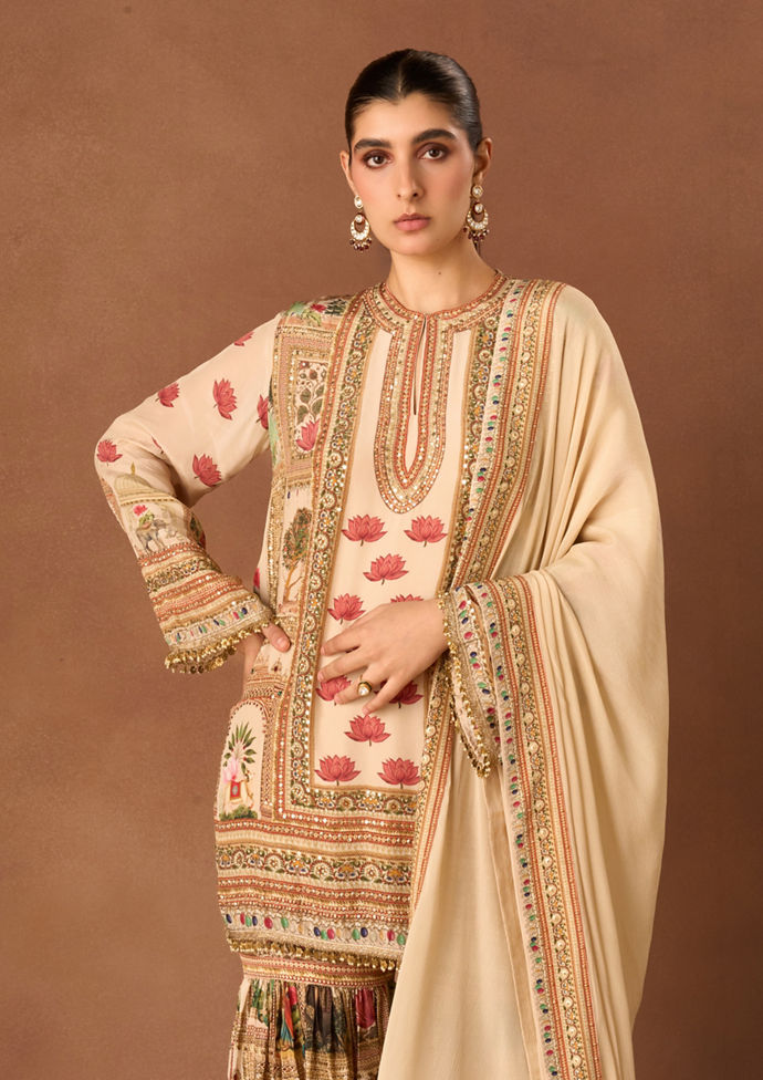 Twamev Women Cream Crepe Stitched Suit with Embroidery