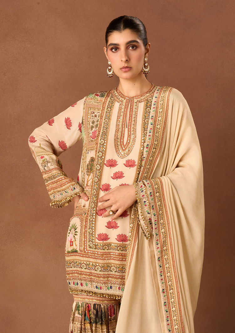 Twamev Women Cream Crepe Stitched Suit with Embroidery