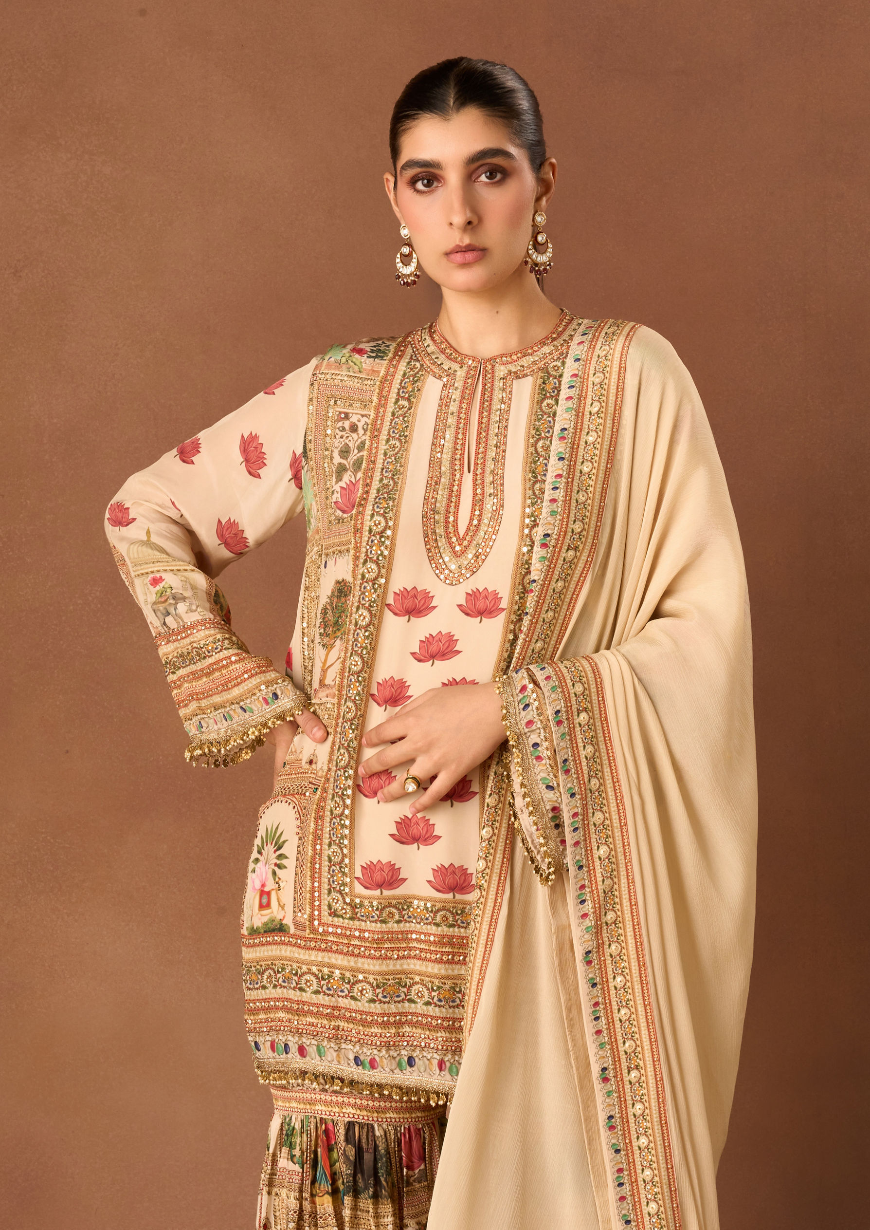 Twamev Women Cream Crepe Stitched Suit with Embroidery
