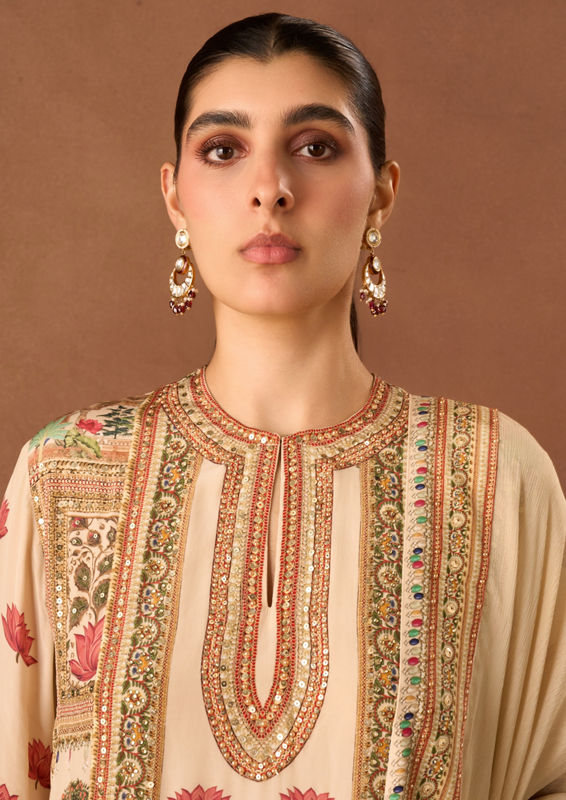 Twamev Women Cream Crepe Stitched Suit with Embroidery