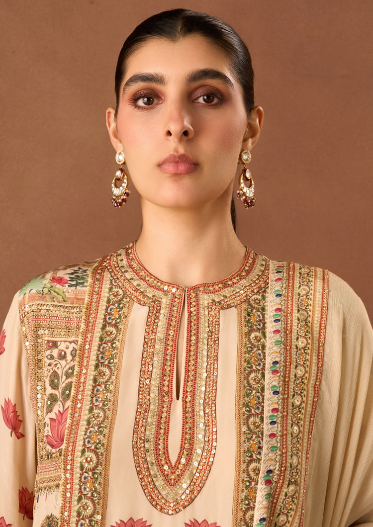 Twamev Women Cream Crepe Stitched Suit with Embroidery