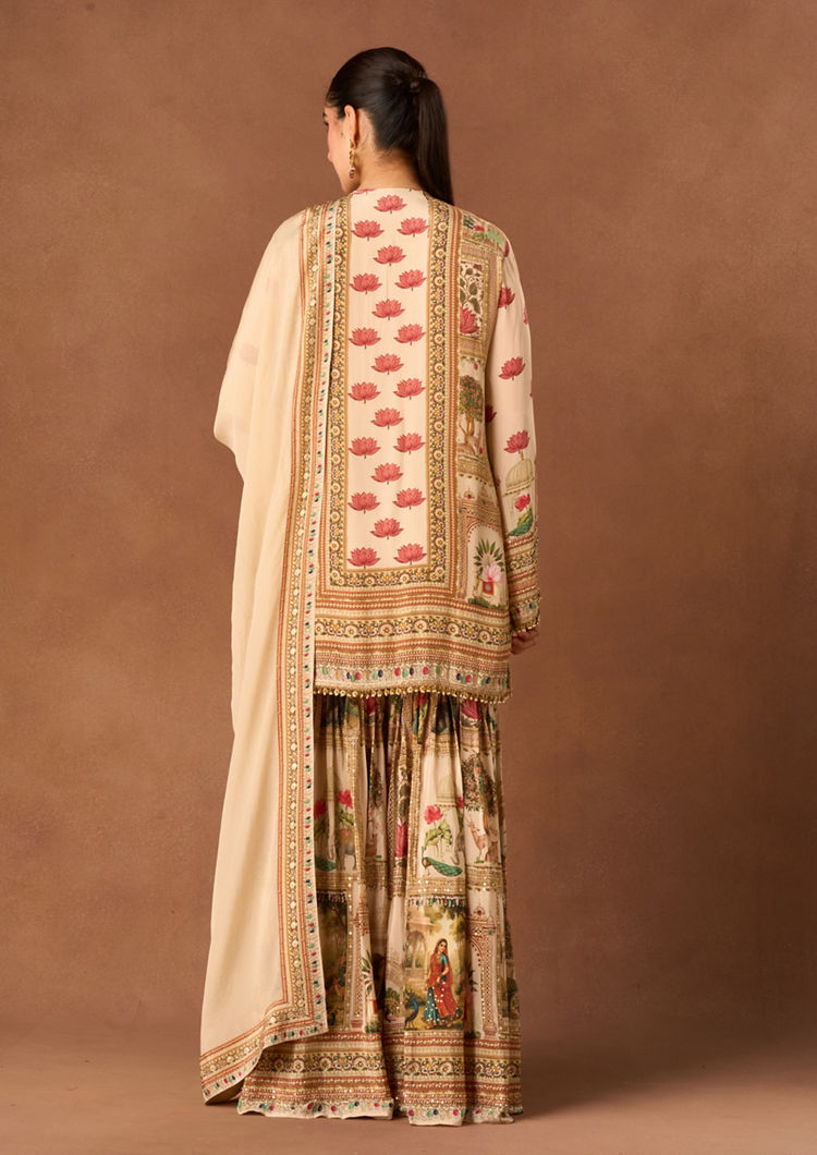 Twamev Women Cream Crepe Stitched Suit with Embroidery