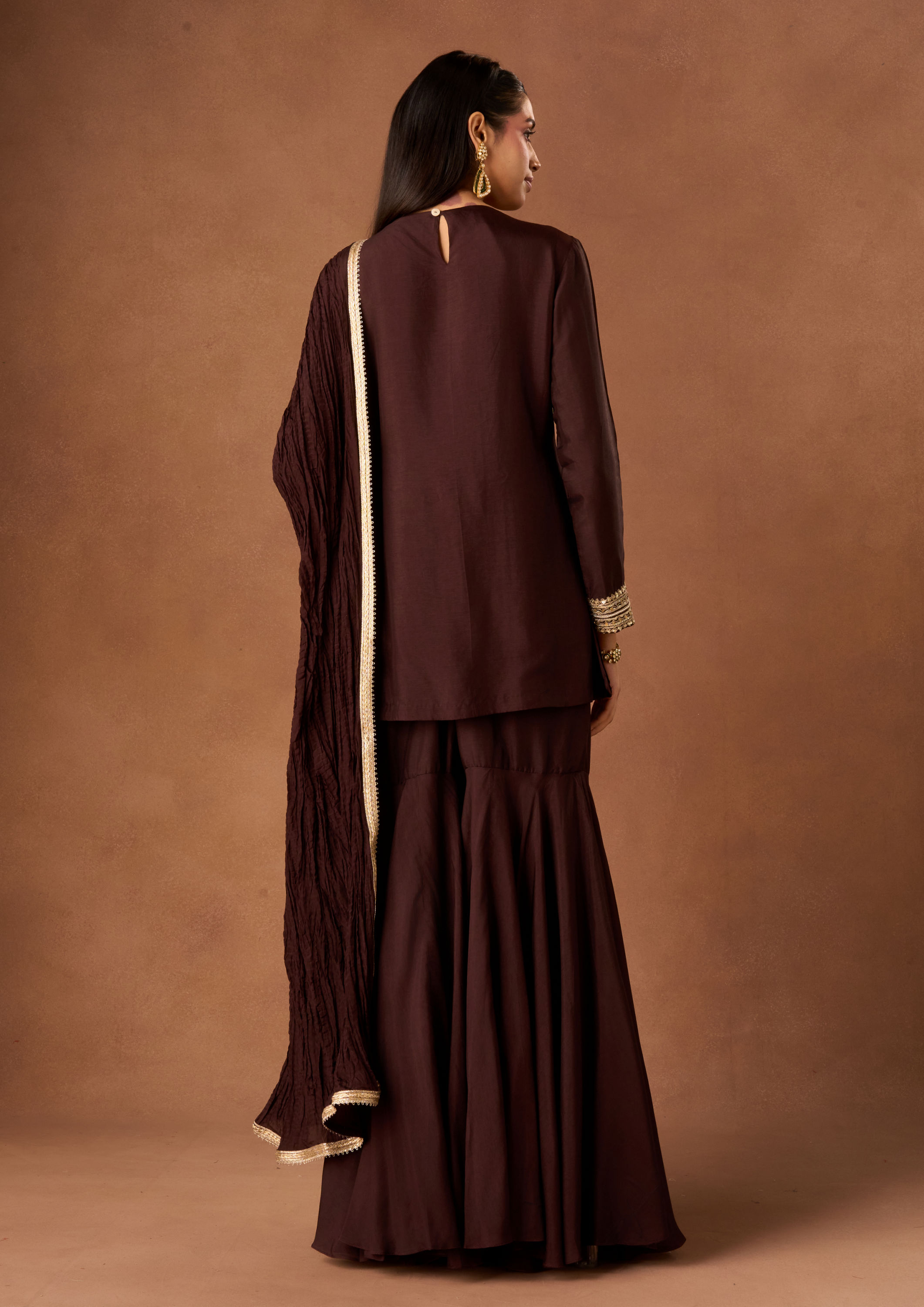 Twamev Women Brown Art Silk Stitched Suit with Embroidery