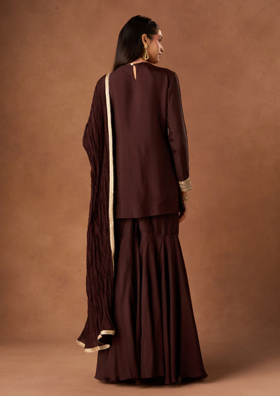 Twamev Women Brown Art Silk Stitched Suit with Embroidery