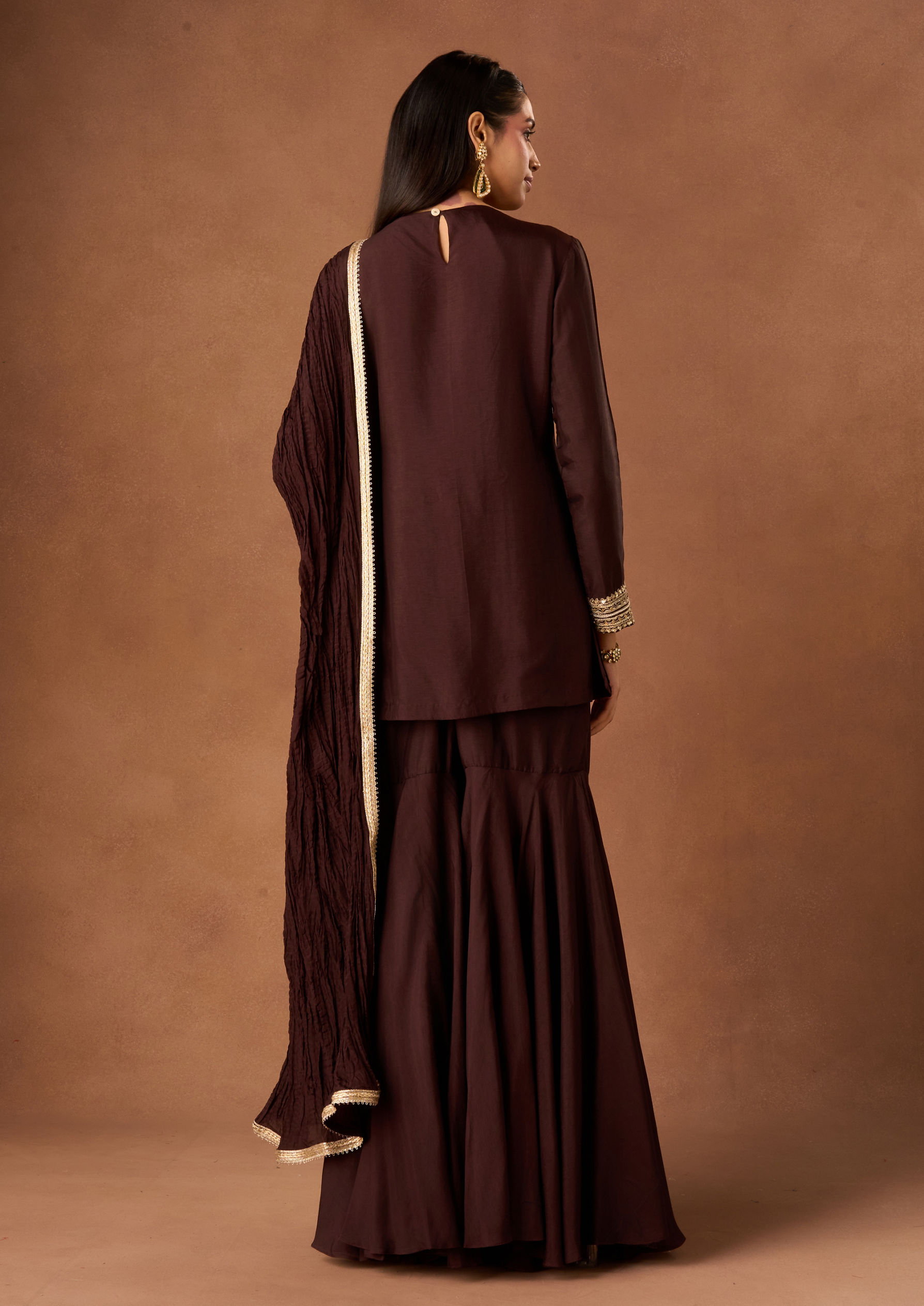 Twamev Women Brown Art Silk Stitched Suit with Embroidery
