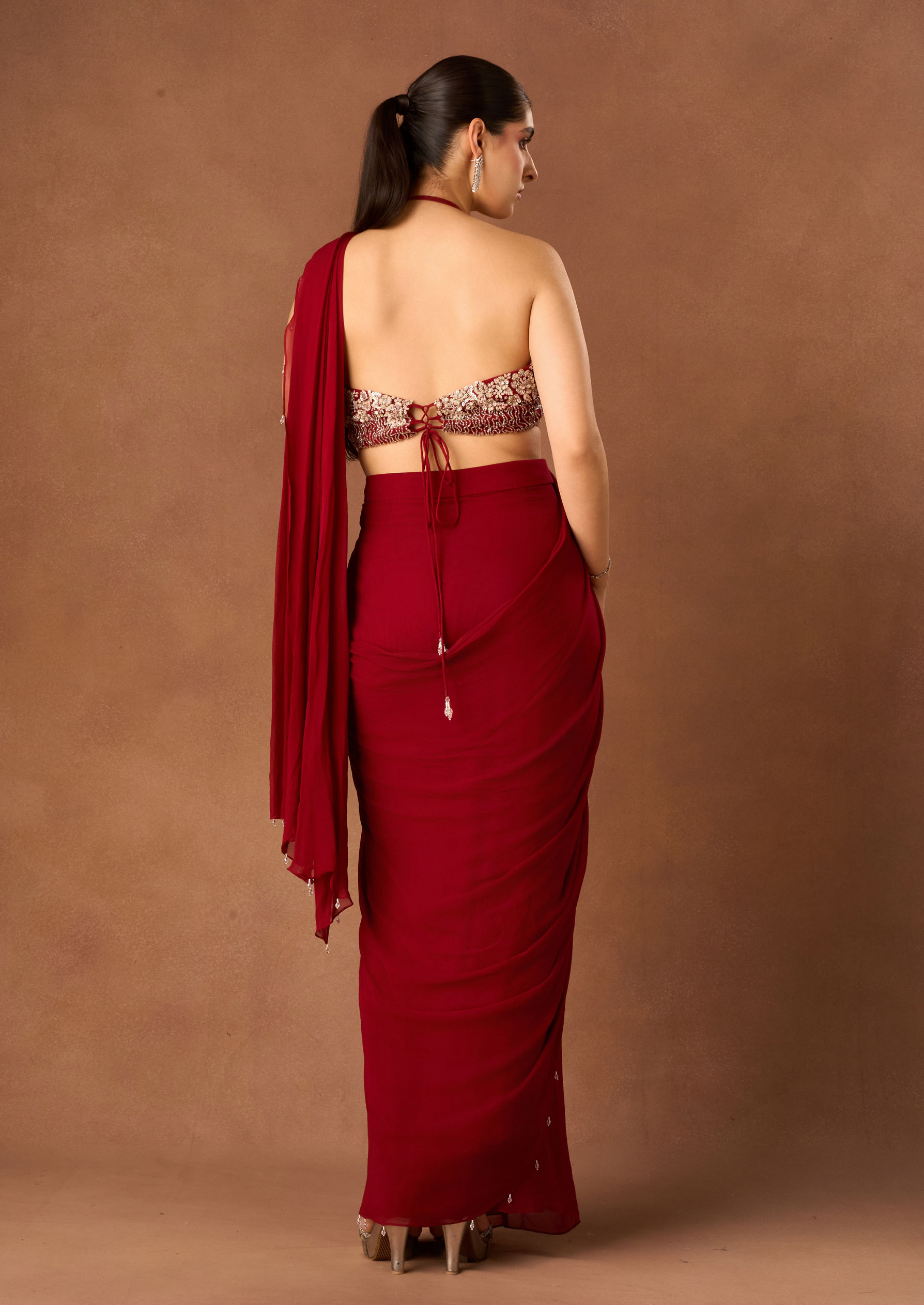 Twamev Women Red Knit Saree with Embroidery and Cutdana Work