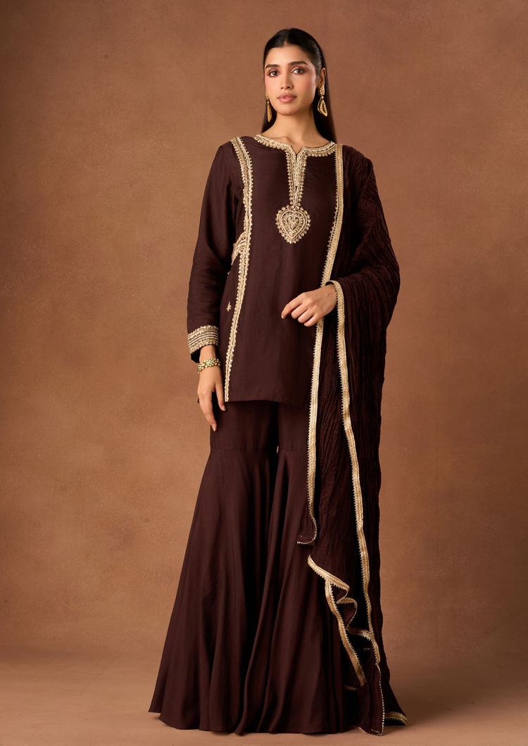 Twamev Women Brown Art Silk Stitched Suit with Embroidery