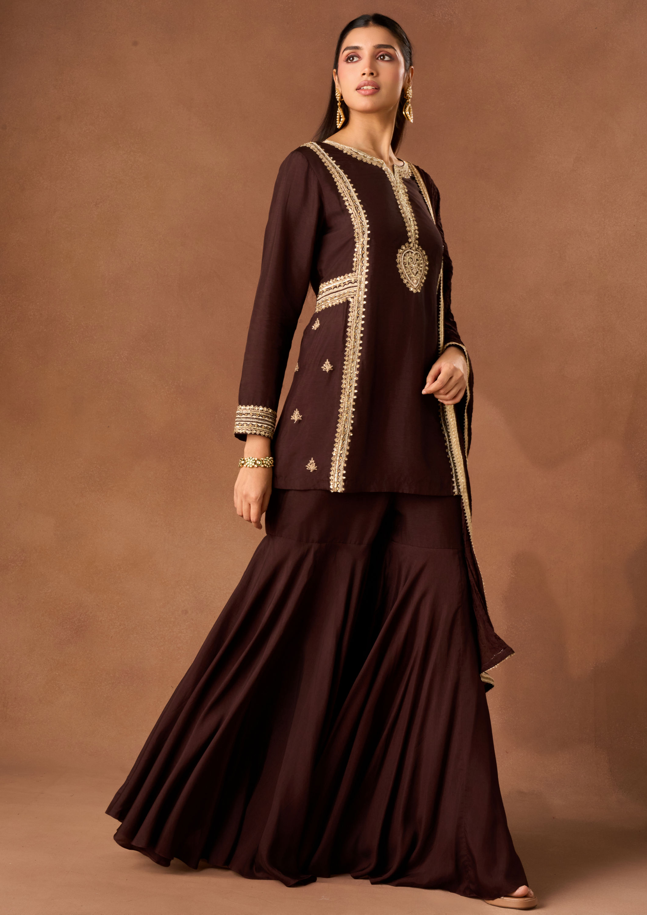 Twamev Women Brown Art Silk Stitched Suit with Embroidery