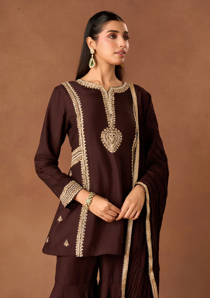Twamev Women Brown Art Silk Stitched Suit with Embroidery