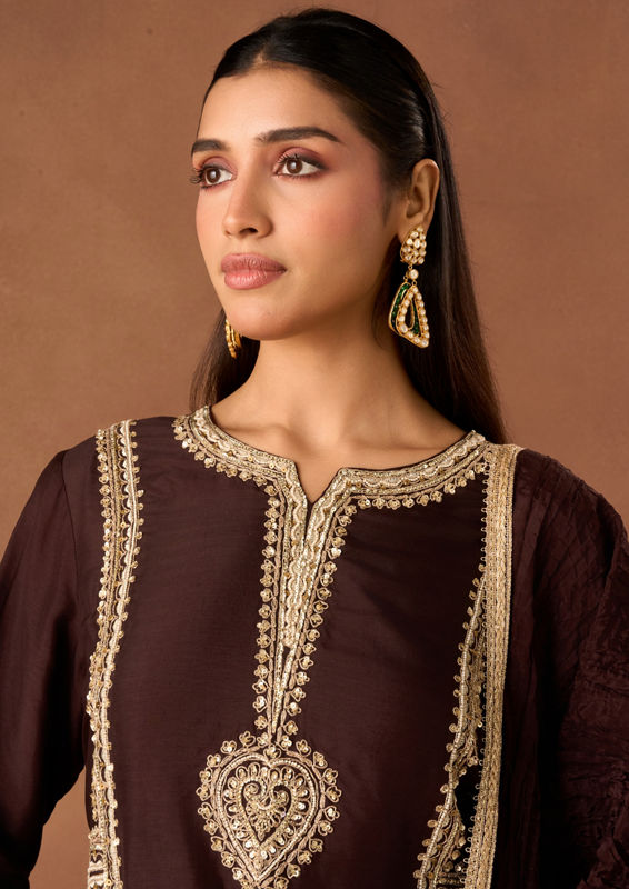 Twamev Women Brown Art Silk Stitched Suit with Embroidery
