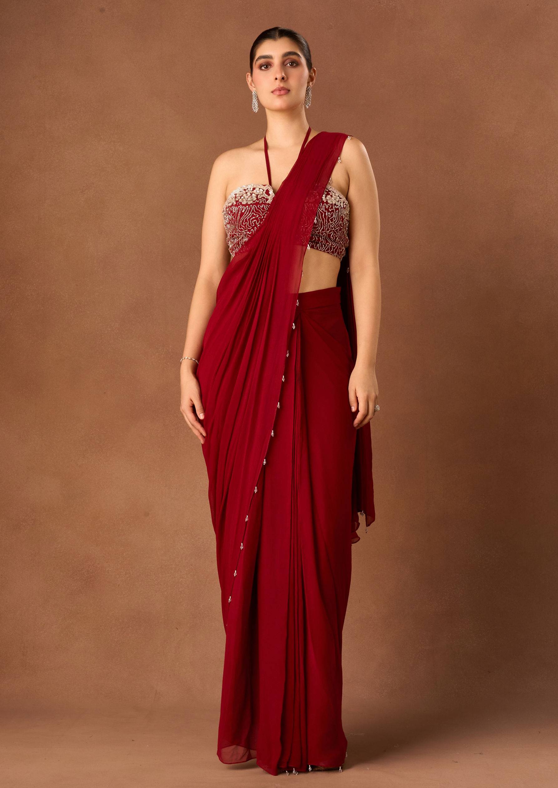 Twamev Women Red Knit Saree with Embroidery and Cutdana Work