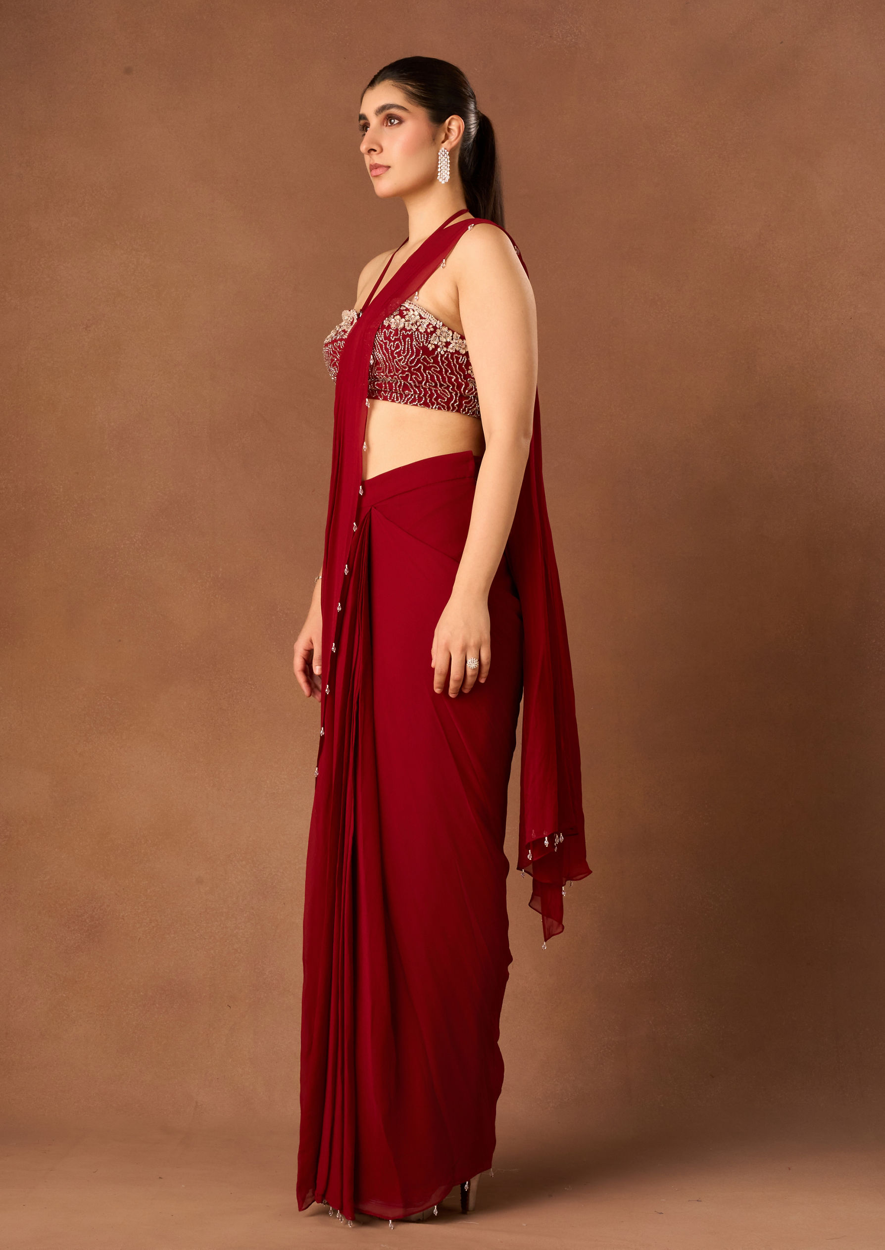 Twamev Women Red Knit Saree with Embroidery and Cutdana Work