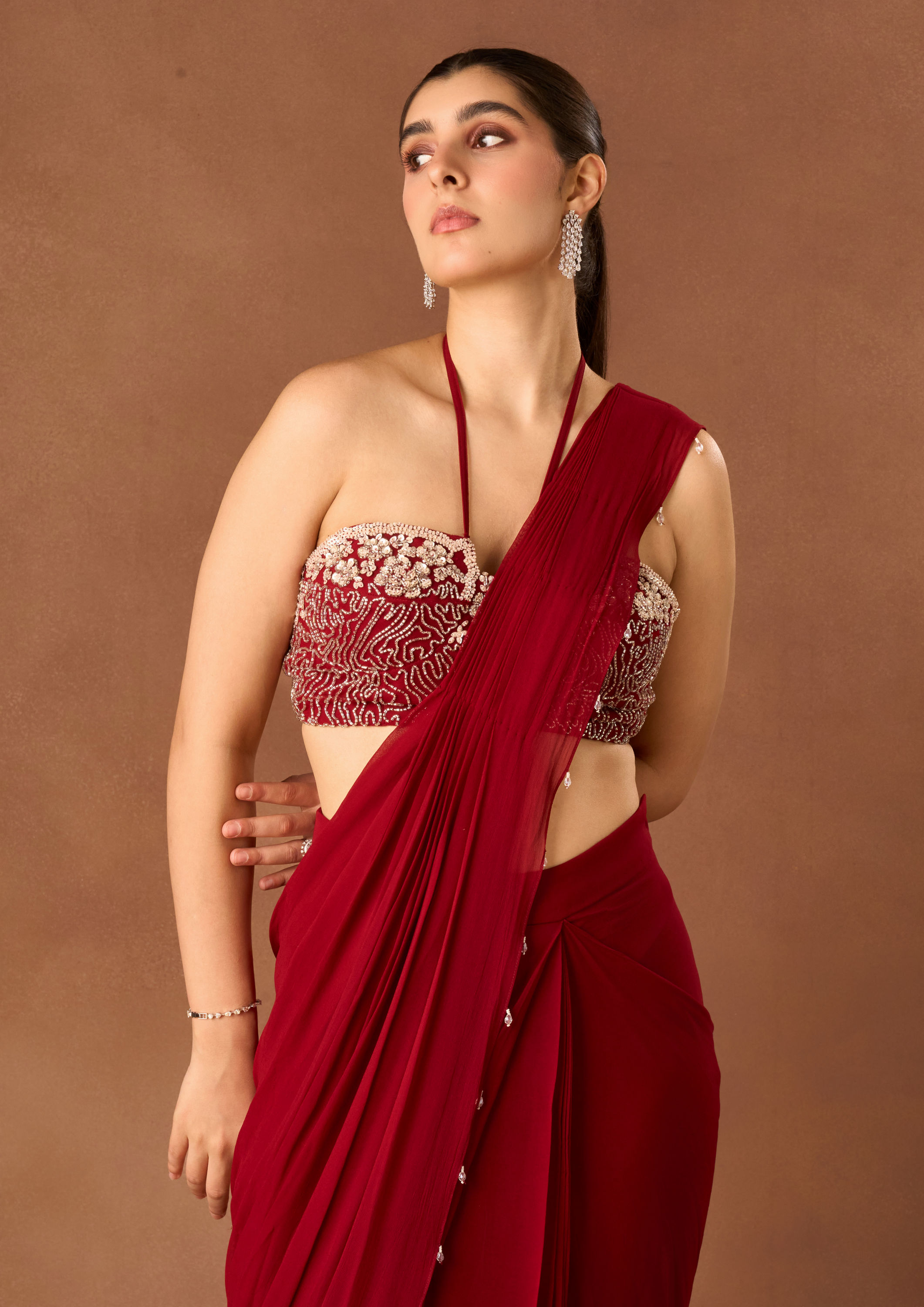 Twamev Women Red Knit Saree with Embroidery and Cutdana Work