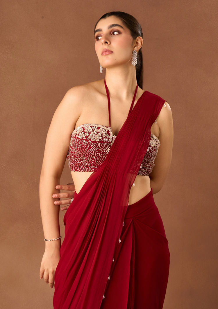 Twamev Women Red Knit Saree with Embroidery and Cutdana Work