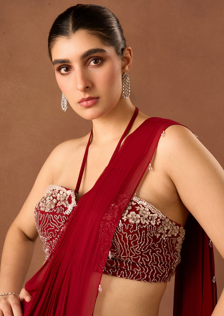 Twamev Women Red Knit Saree with Embroidery and Cutdana Work