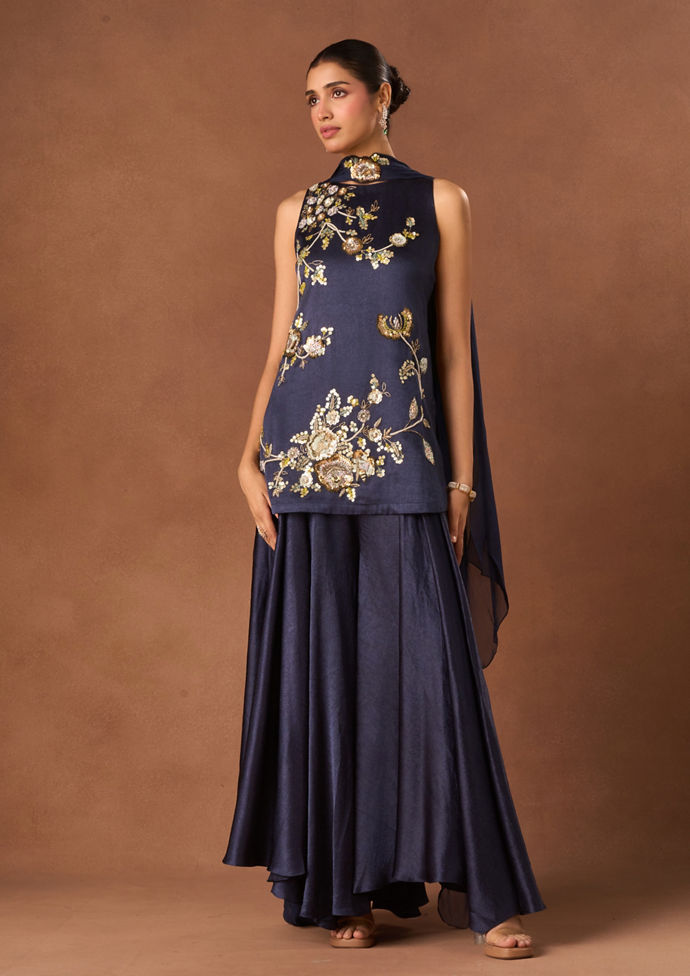 Twamev Women Indigo Blue Chinon Stitched Suit with Embroidery