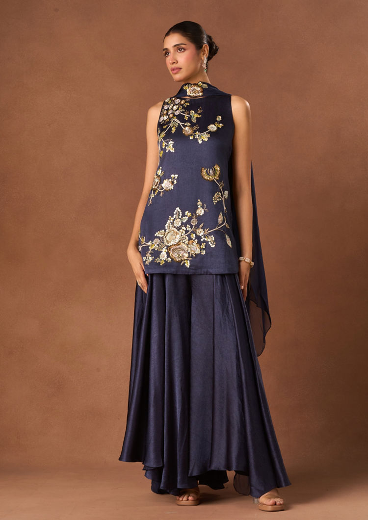Twamev Women Indigo Blue Chinon Stitched Suit with Embroidery