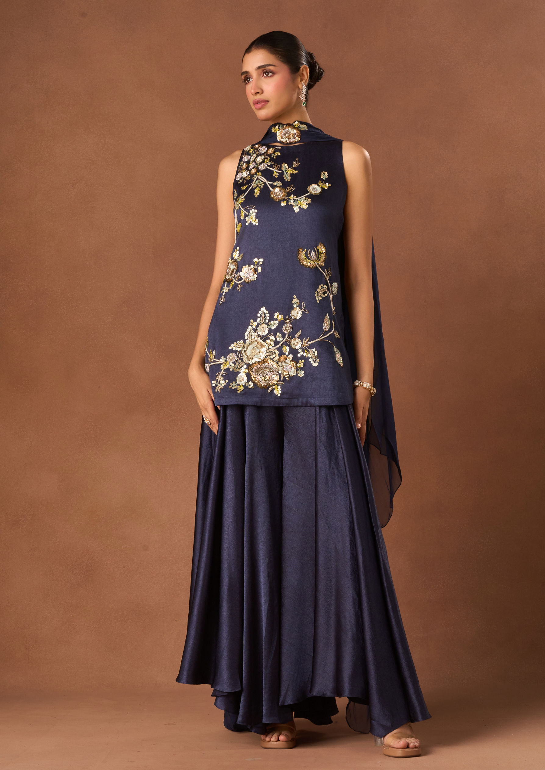 Twamev Women Indigo Blue Chinon Stitched Suit with Embroidery