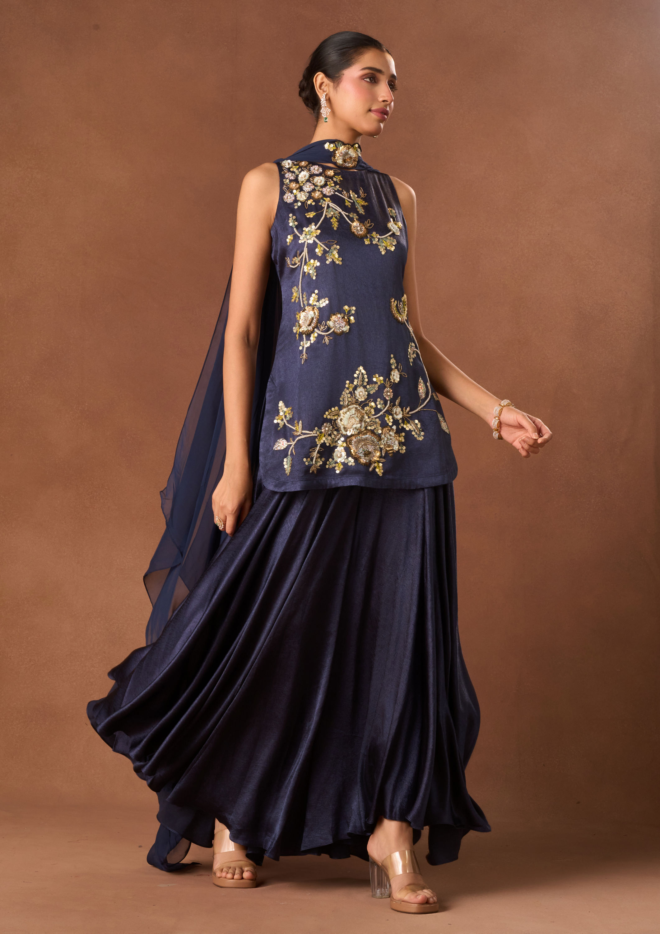 Twamev Women Indigo Blue Chinon Stitched Suit with Embroidery