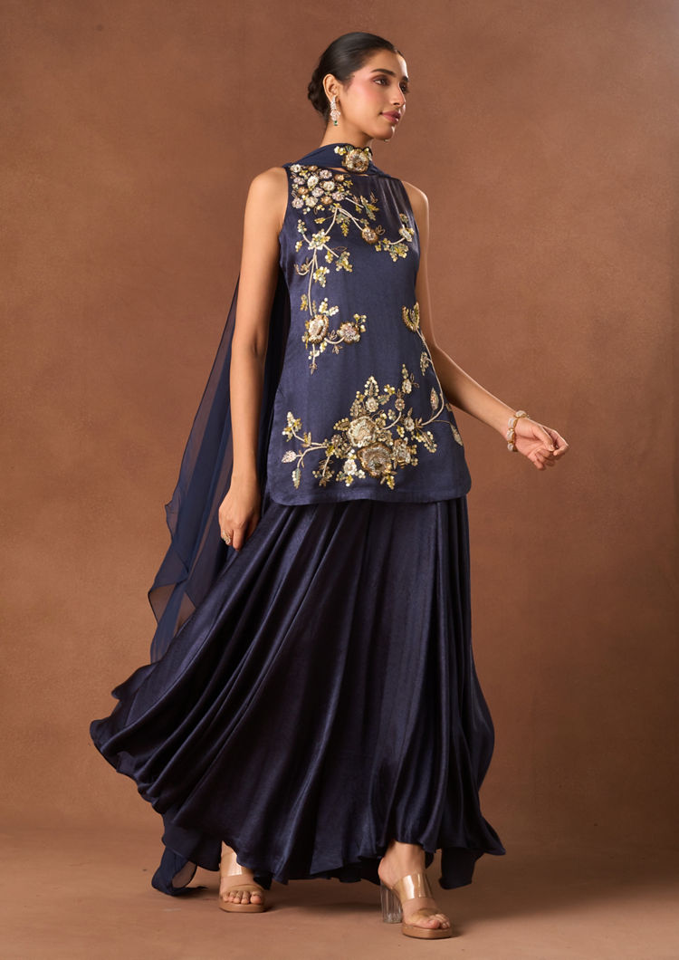 Twamev Women Indigo Blue Chinon Stitched Suit with Embroidery