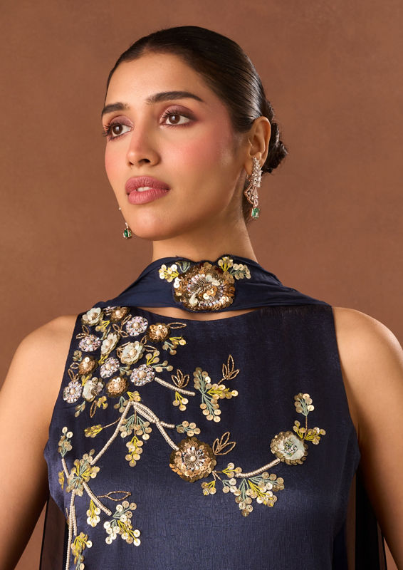 Twamev Women Indigo Blue Chinon Stitched Suit with Embroidery