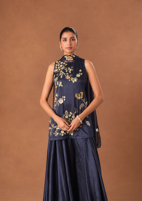 Twamev Women Indigo Blue Chinon Stitched Suit with Embroidery