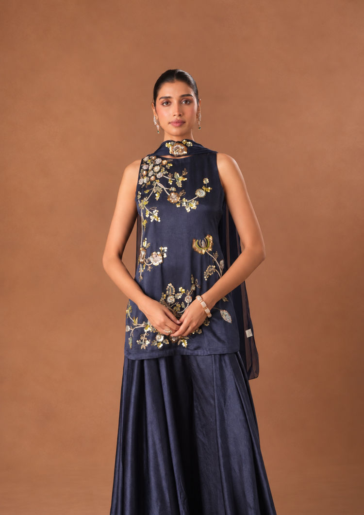 Twamev Women Indigo Blue Chinon Stitched Suit with Embroidery