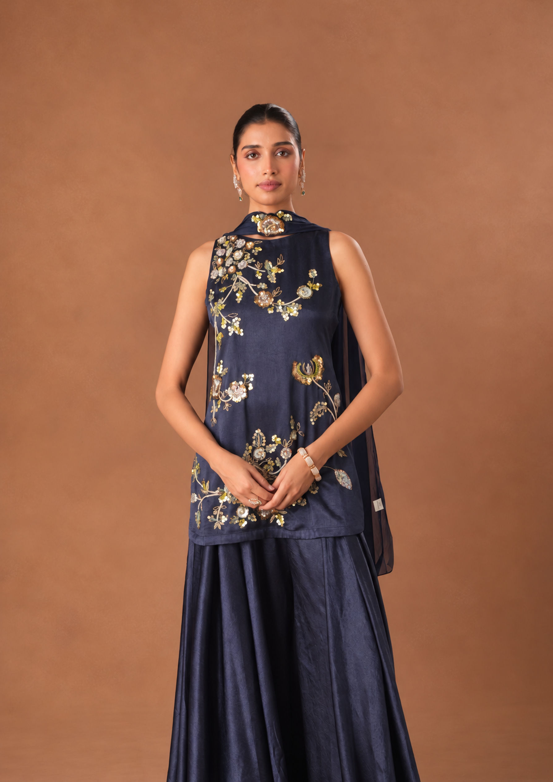 Twamev Women Indigo Blue Chinon Stitched Suit with Embroidery