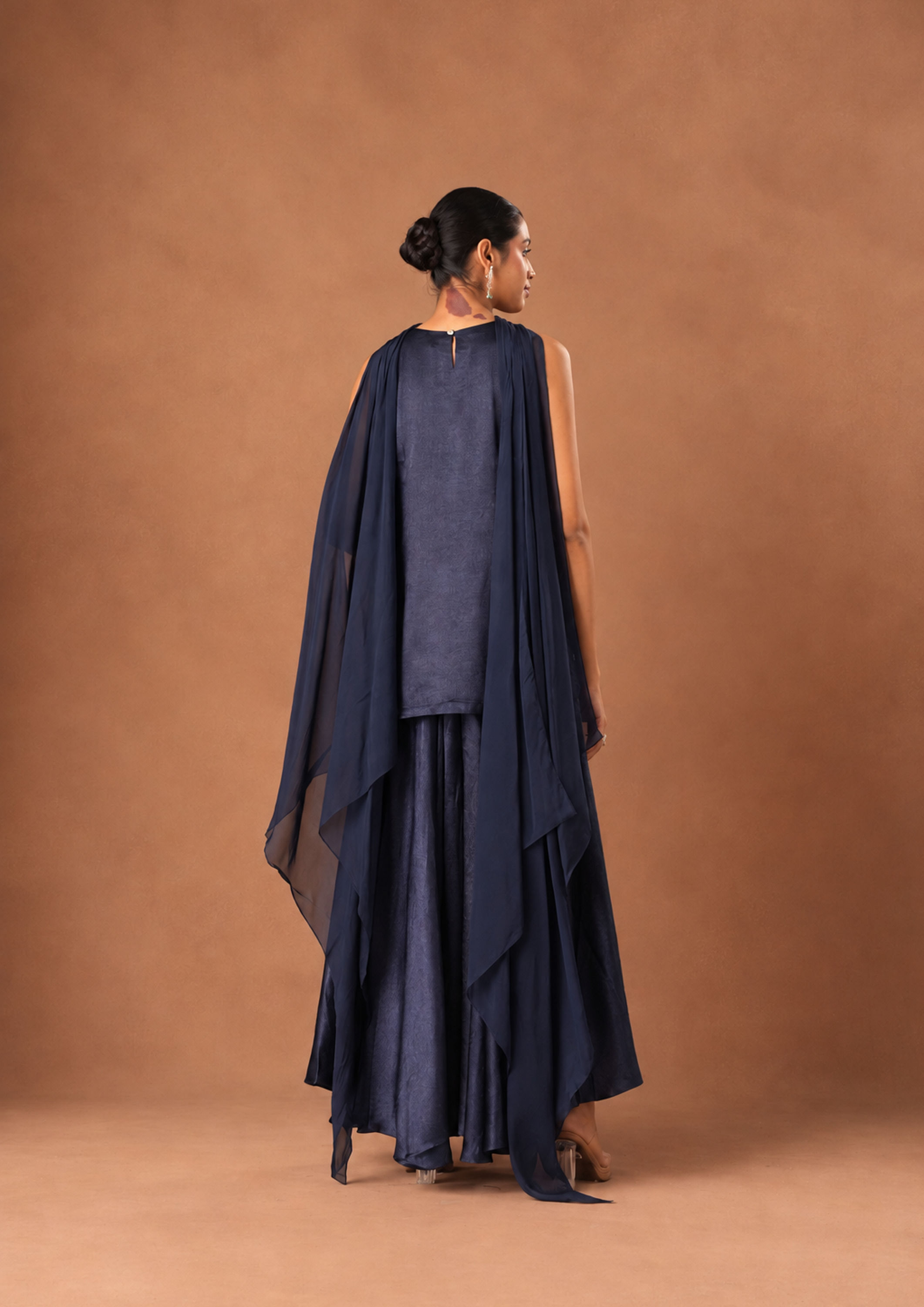 Twamev Women Indigo Blue Chinon Stitched Suit with Embroidery