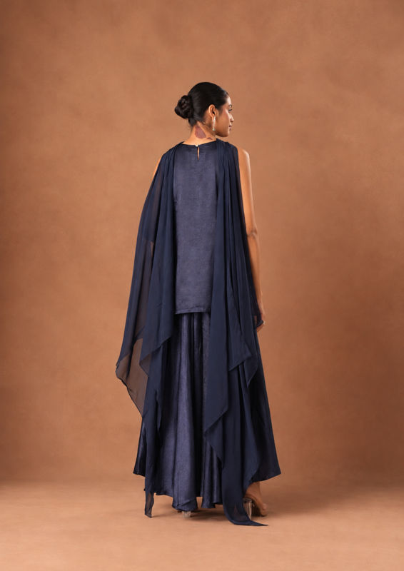 Twamev Women Indigo Blue Chinon Stitched Suit with Embroidery