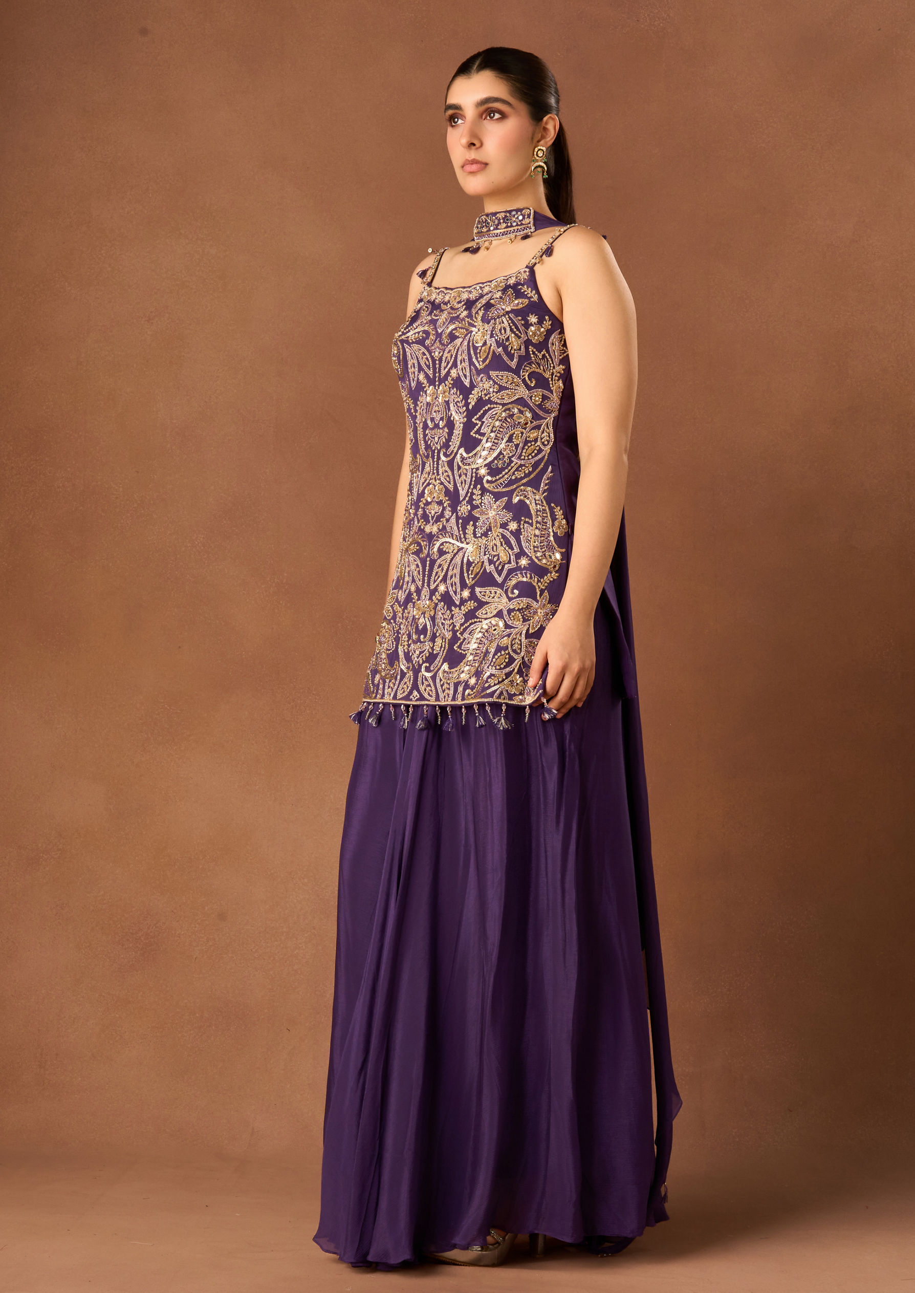 Twamev Women Purple Art Silk Stitched Suit with Embroidery