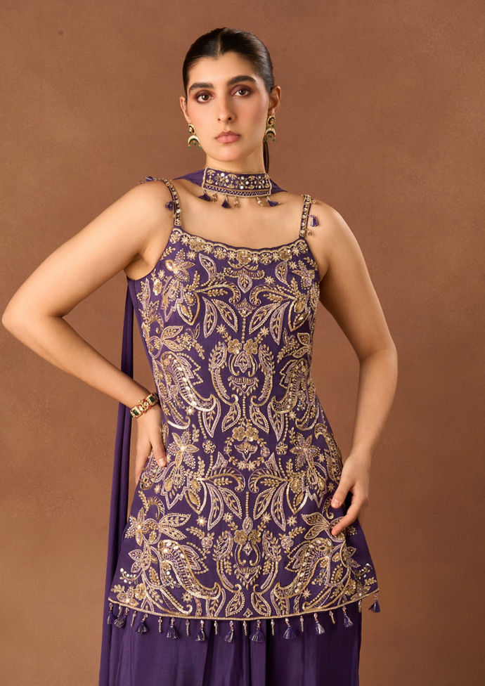 Twamev Women Purple Art Silk Stitched Suit with Embroidery
