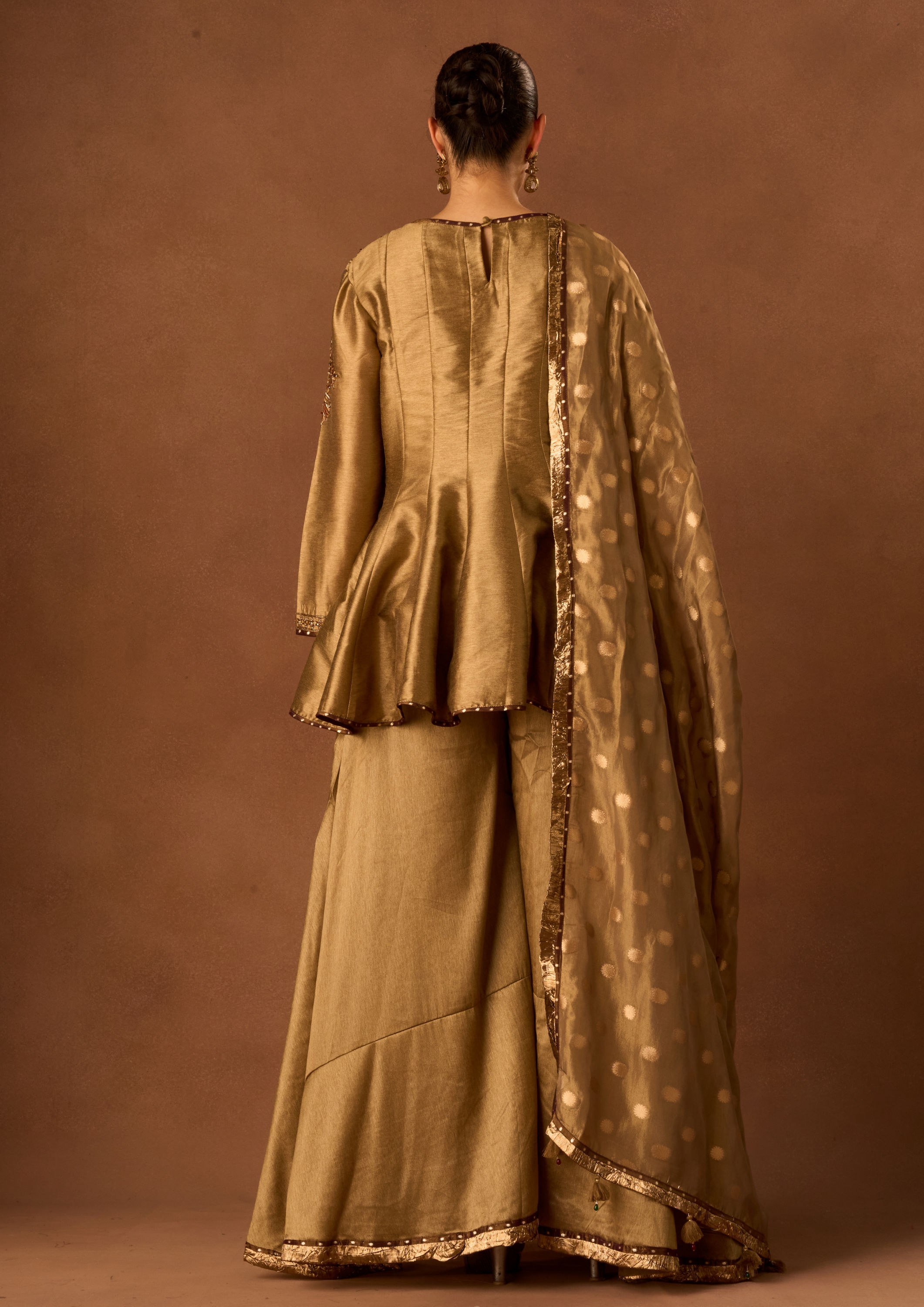 Twamev Women Gold Art Silk Stitched Suit with Embroidery
