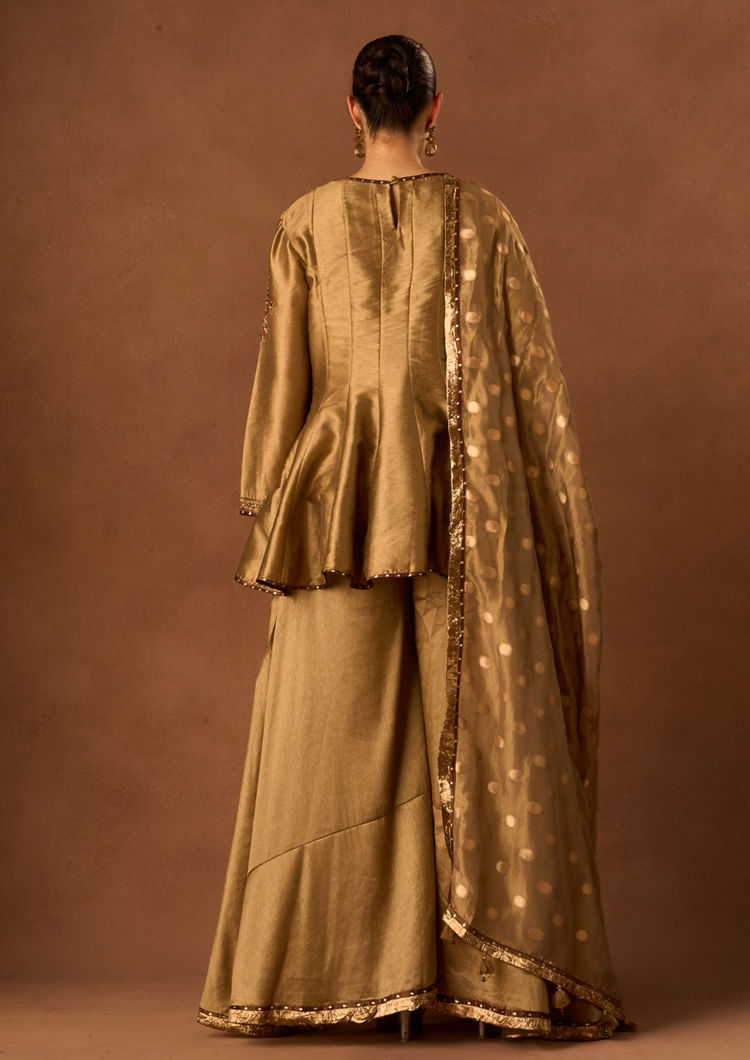 Twamev Women Gold Art Silk Stitched Suit with Embroidery