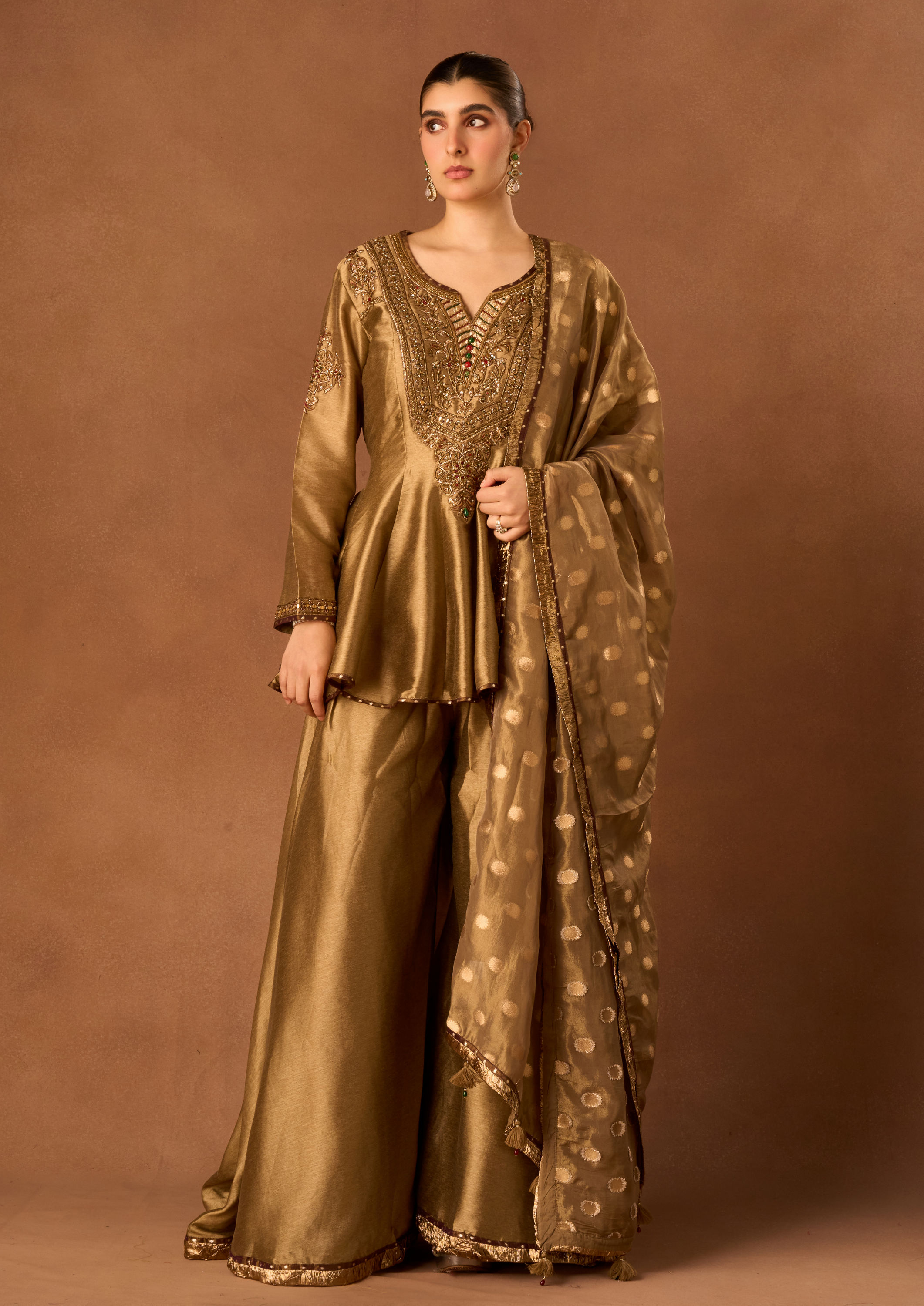 Twamev Women Gold Art Silk Stitched Suit with Embroidery
