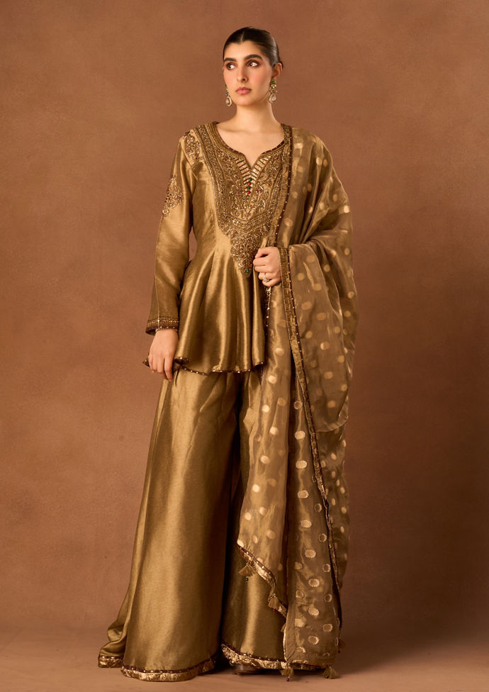 Twamev Women Gold Art Silk Stitched Suit with Embroidery