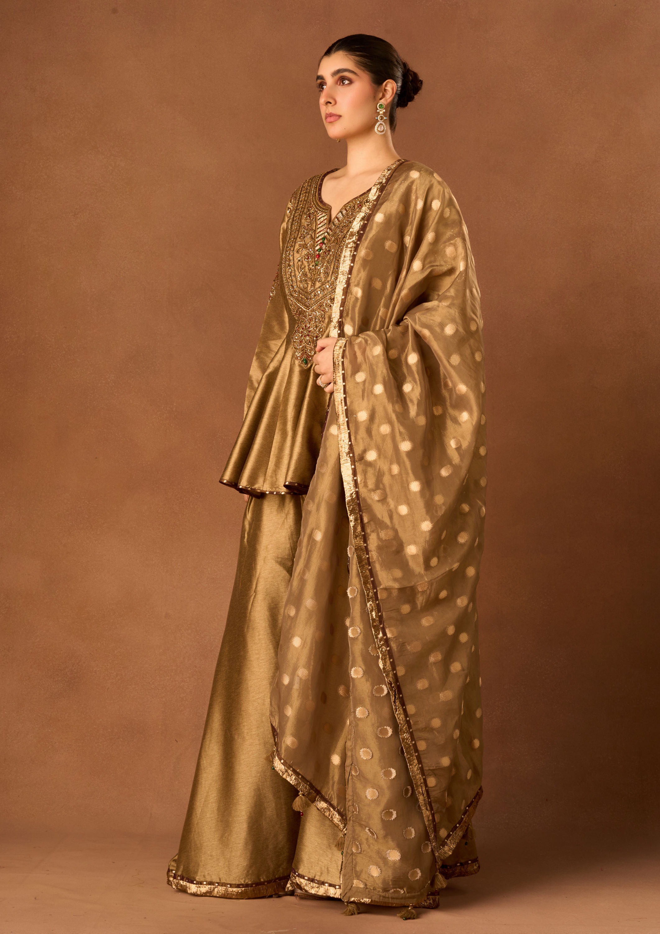Twamev Women Gold Art Silk Stitched Suit with Embroidery