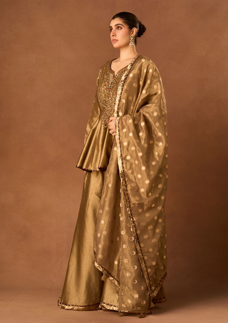 Twamev Women Gold Art Silk Stitched Suit with Embroidery