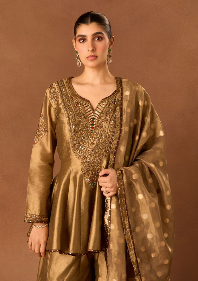 Twamev Women Gold Art Silk Stitched Suit with Embroidery