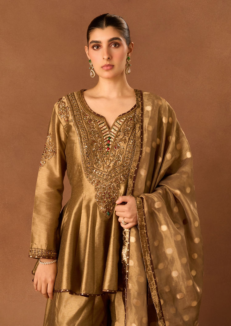 Twamev Women Gold Art Silk Stitched Suit with Embroidery