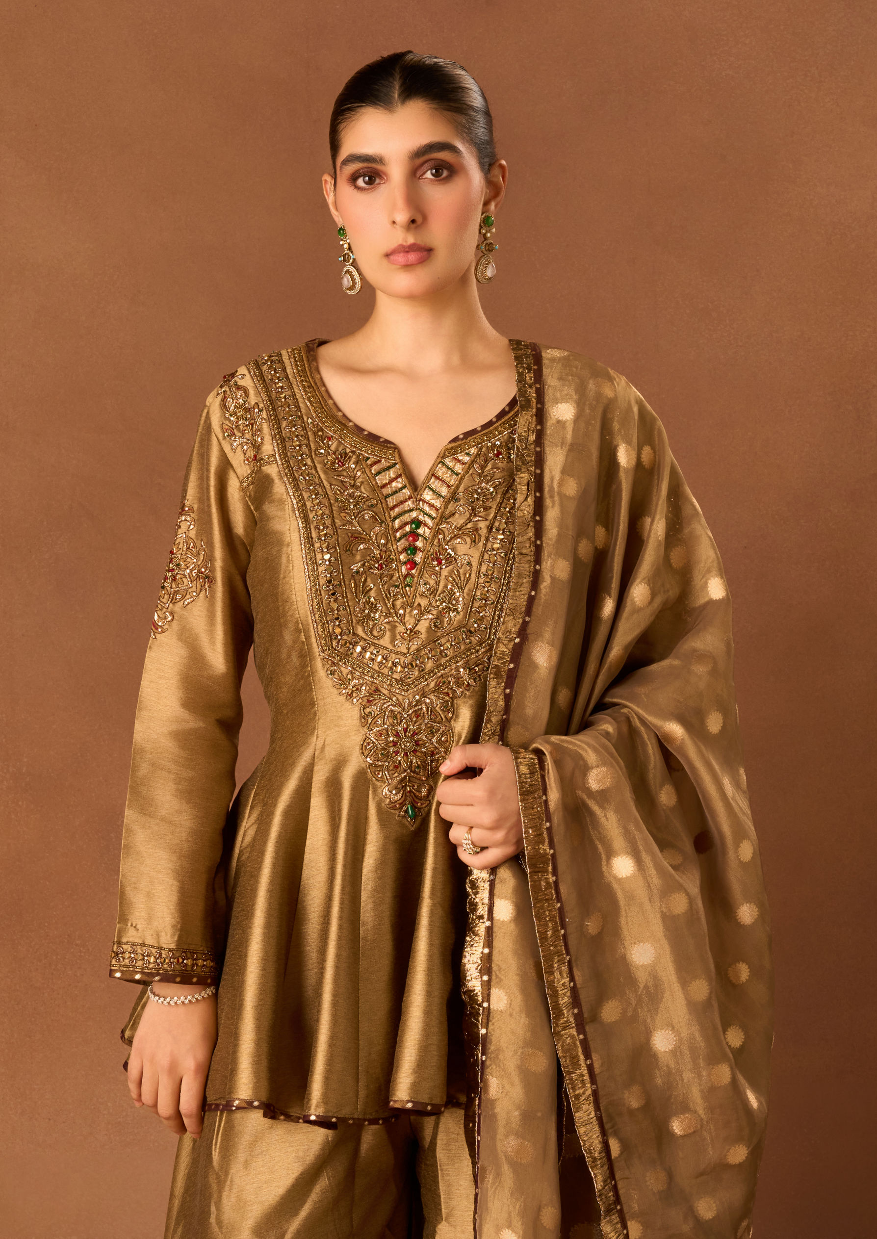 Twamev Women Gold Art Silk Stitched Suit with Embroidery