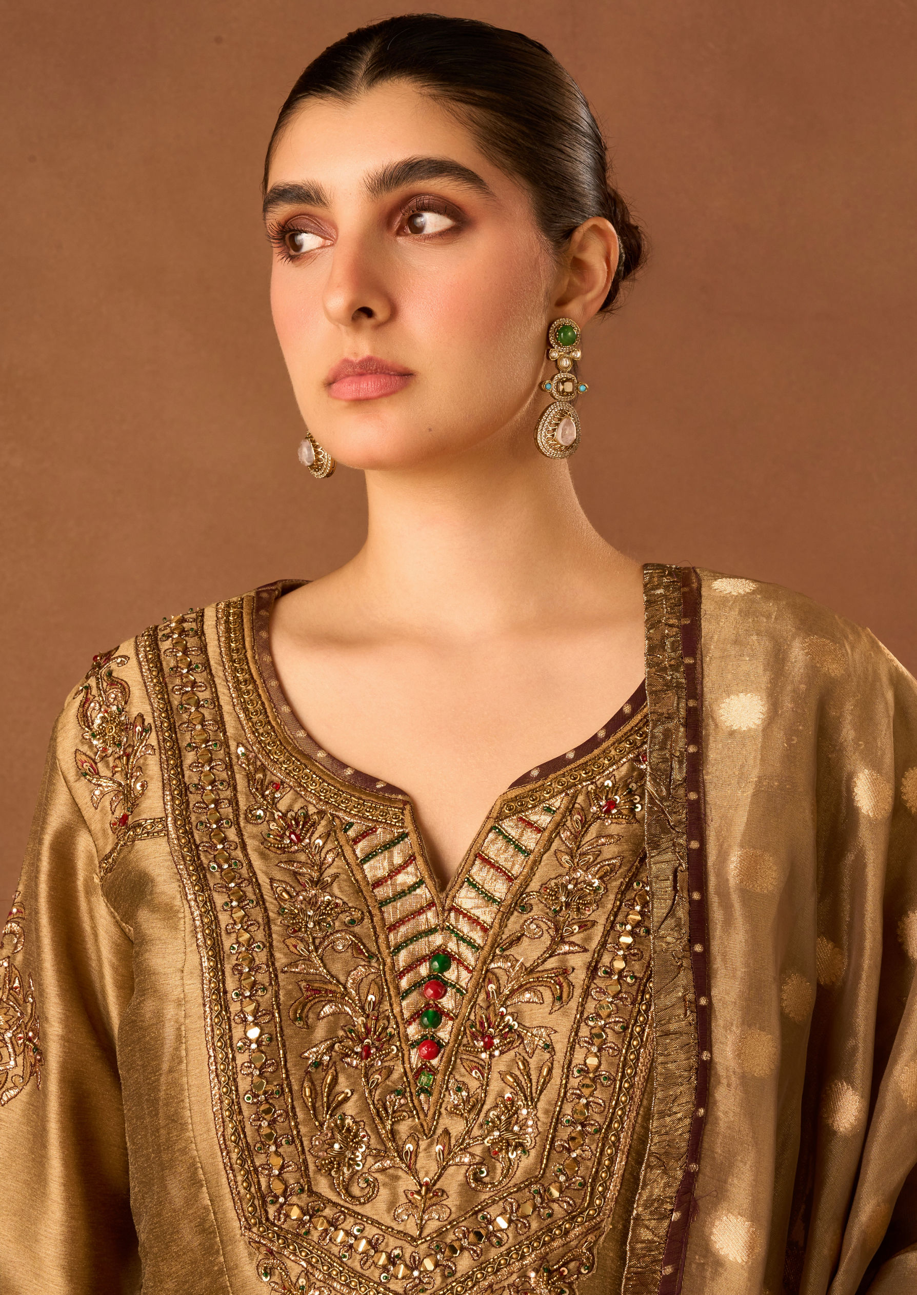 Twamev Women Gold Art Silk Stitched Suit with Embroidery