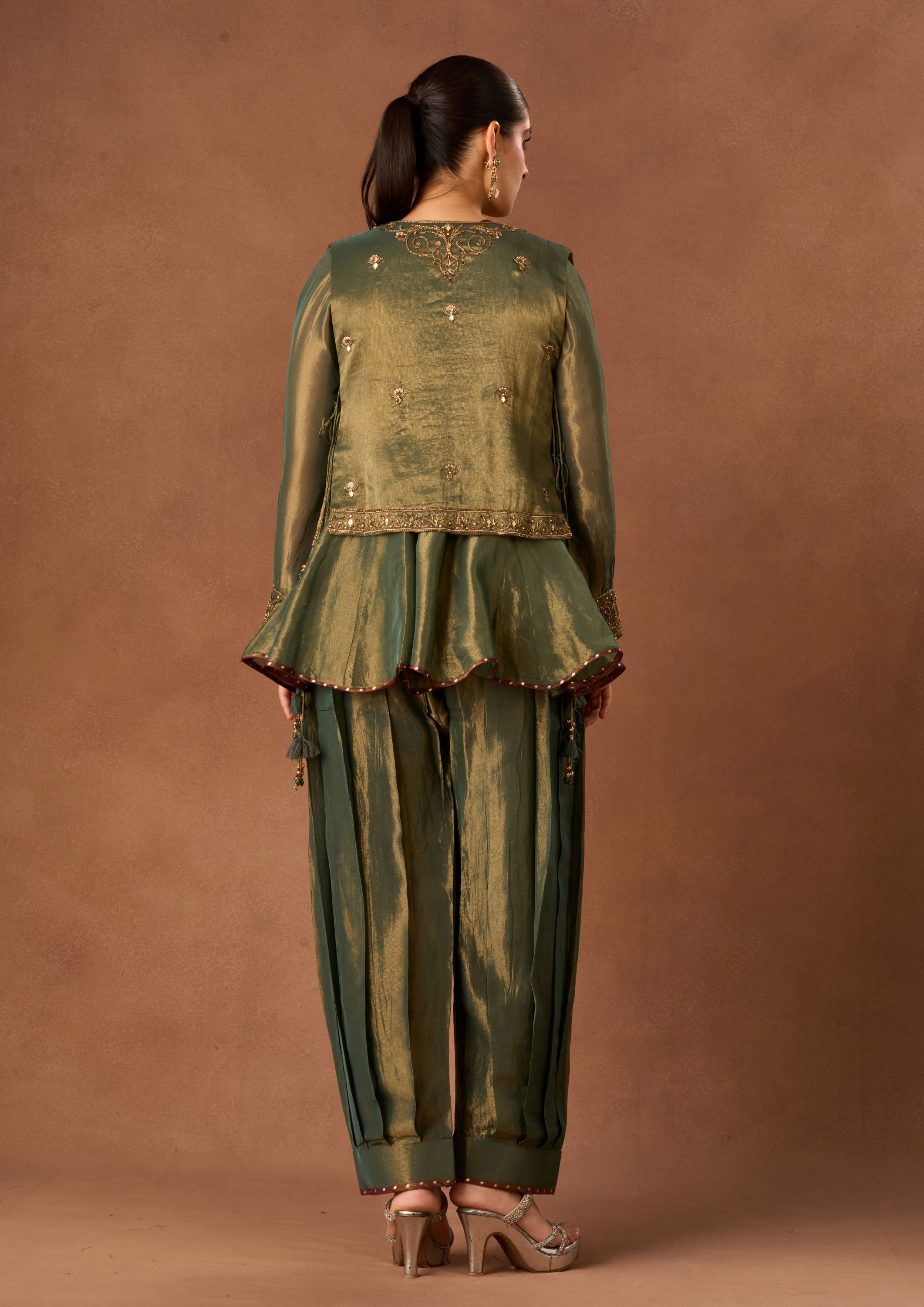 Twamev Women Sea Green Tissue Stitched Suit with Embroidery