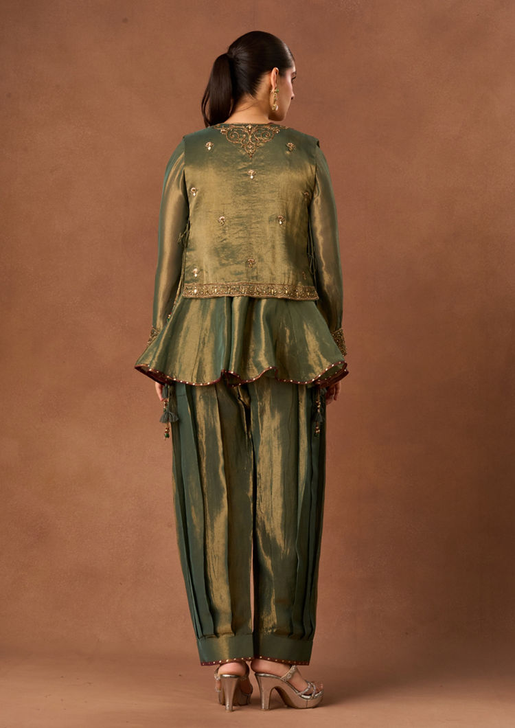 Twamev Women Sea Green Tissue Stitched Suit with Embroidery